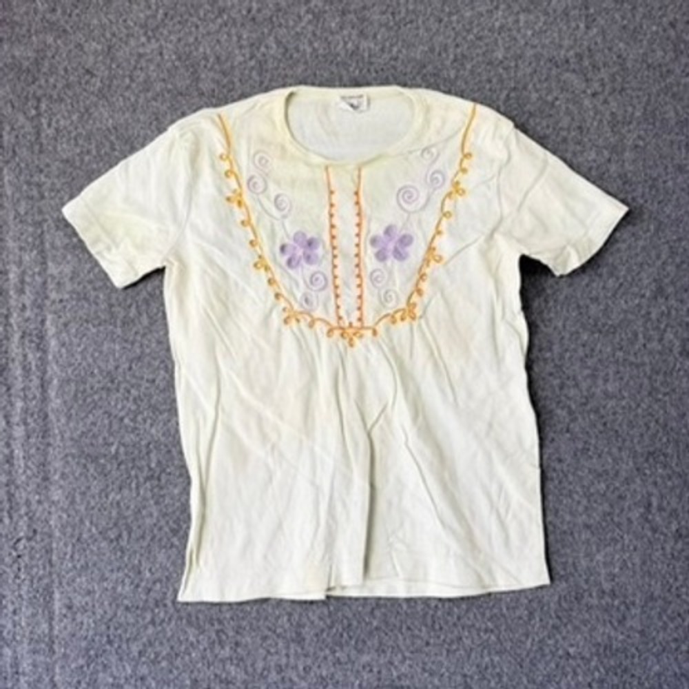 Vintage 70s Embroidered Floral Boho Top Cream Short Sleeve‎ Shirt Large